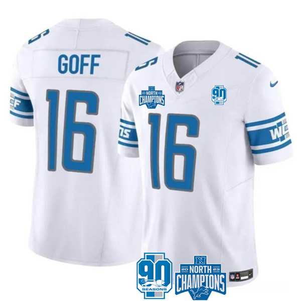 Men & Women & Youth Detroit Lions #16 Jared Goff White 2023 90th Anniversary North Division Champions Patch Limited Stitched Jersey